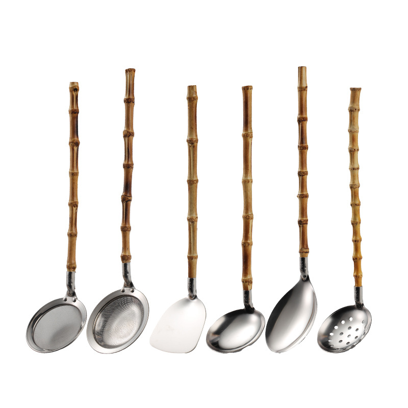 Japanese Shell Spoon 304 Stainless Steel Natural Bamboo Wood Nodes Design Handle Japanese ...